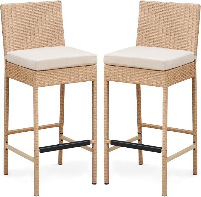 ECOTOUGE Outdoor Bar Stools Set of 2, Wicker Woven Patio Stools & Patio Bar by ECOTOUGE