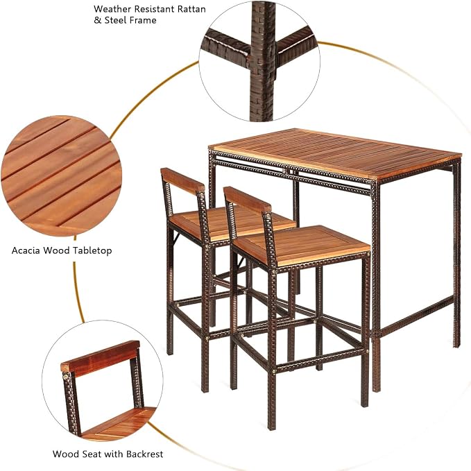 Tangkula 3 Pieces Patio Bar Table Set, Outdoor Rattan Bistro Set - Image 7