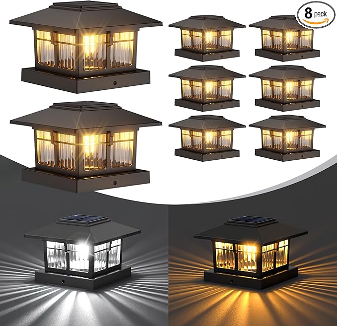 EXCMARK 4x4 Solar Post Cap Lights, 8 Pack Fence Deck Post Lights Outdoor Solar by ExcMark