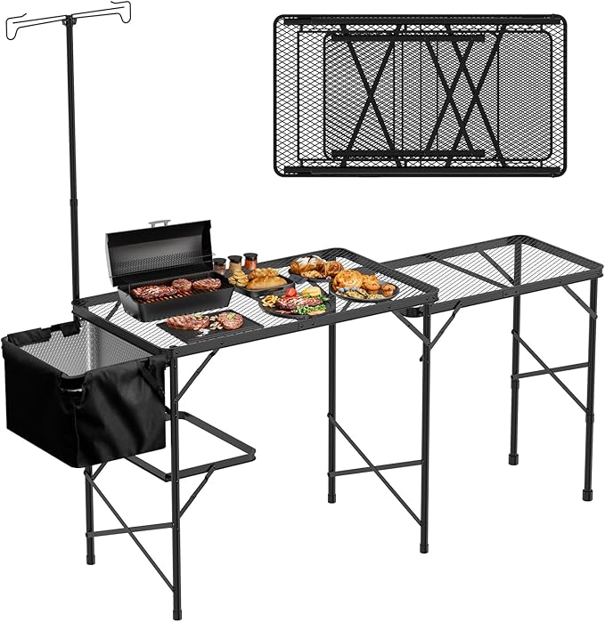 Folding Table with Sink and Double Shelf, Camping Table Height Adjustable by WildFinder