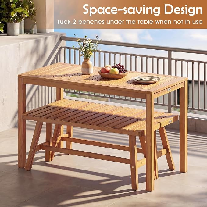 Tangkula 3 Pieces Acacia Wood Patio Dining Set, Outdoor Rectangular Table and - Image 4