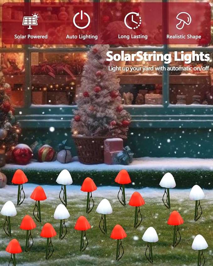 OZS 2PK 32LED 55FT Red and White Christmas Decorations Mushroom Solar Lights - Image 6