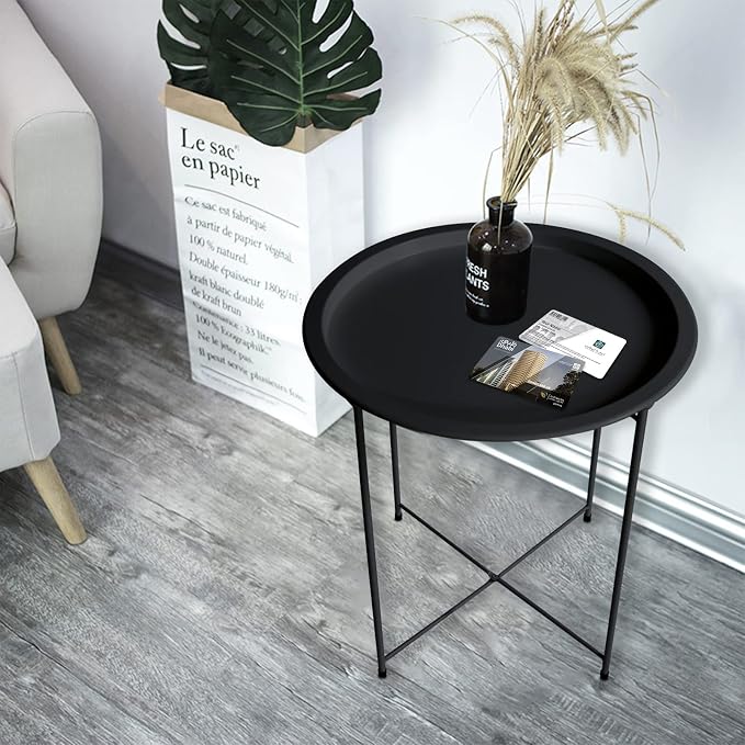 Garden 4 you End Table Metal Side Table Black Round Folding Tray Cyan Sofa - Image 9