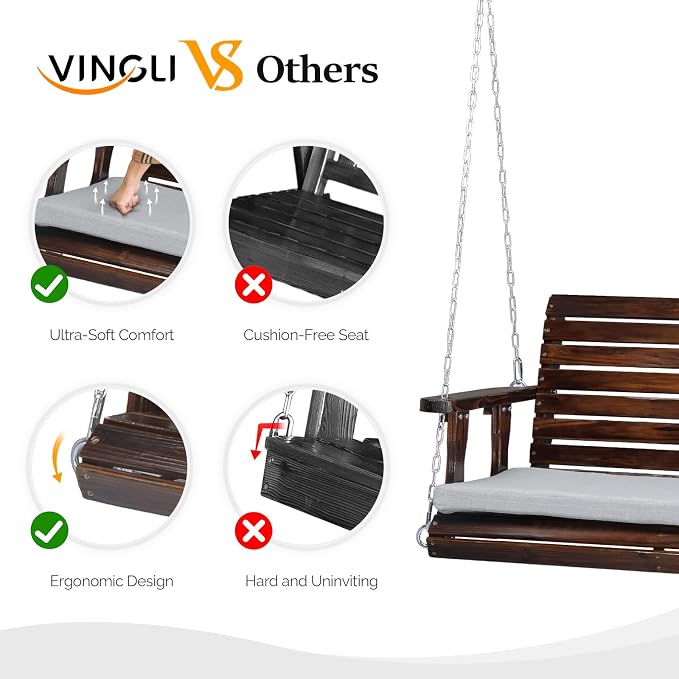 VINGLI Wooden Porch Swing, Heavy Duty 880 LBS Hanging Patio Bench - Image 2