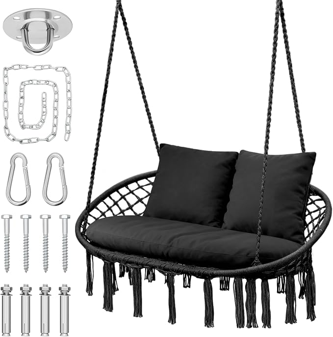 MoNiBloom 2 Seat Hammock Chair Hanging Macrame Swing 3 Cushions Included by Monibloom