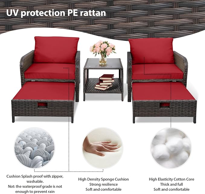 LEVELEVE Balcony Furniture 5 Piece Patio Conversation Set, PE Wicker Rattan - Image 6