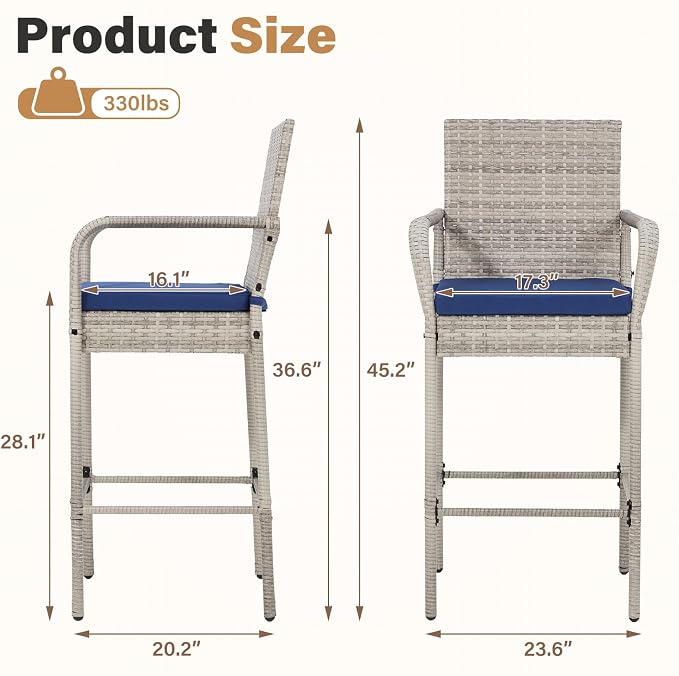 ECOTOUGE Set of 4 Patio Wicker Barstool, Outdoor Rattan Bar Height Chairs - Image 3