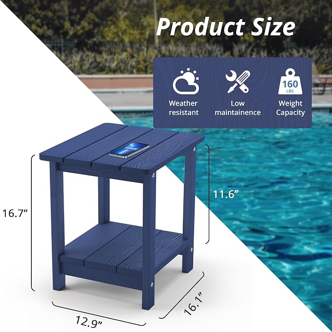 LUE BONA Adirondack Outdoor Side Table, 2-Tier Navy HDPS Patio End Table - Image 2