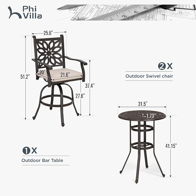 PHI VILLA Patio Furniture Set, Pub Bistro Set - Image 7