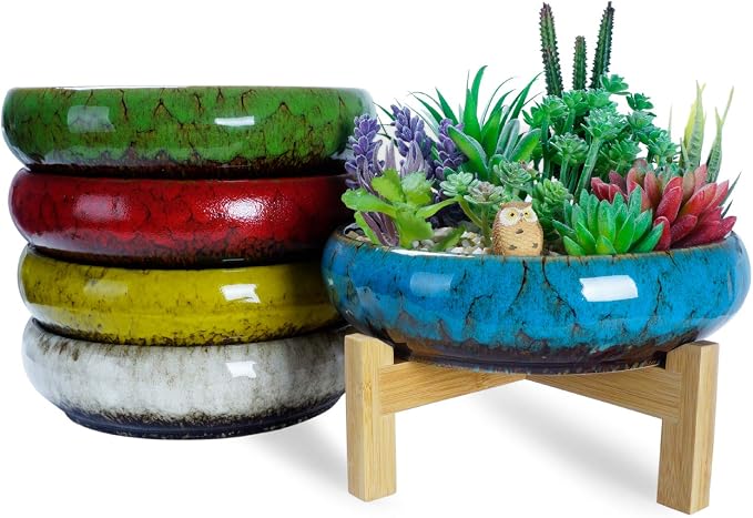 Large Succulent Pots with Drainage & Stand, 10 inch Ceramic Succulent Planter - Image 7