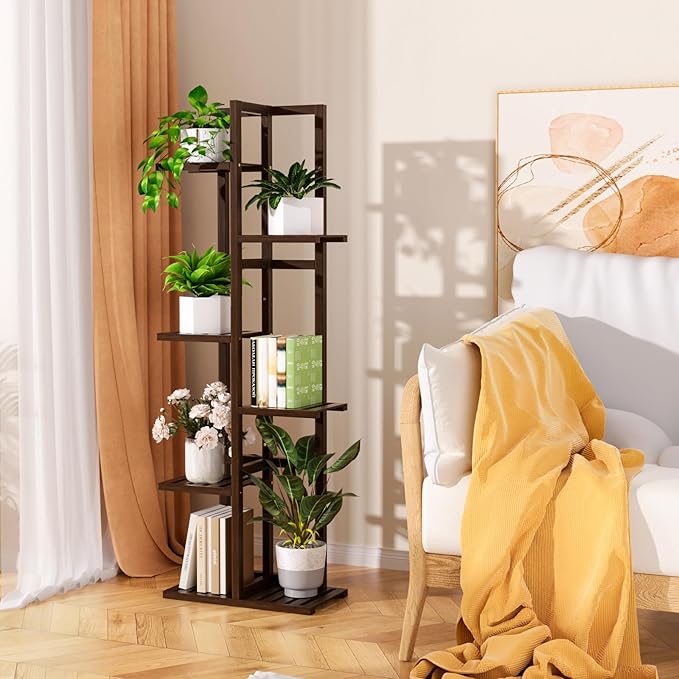6 Tier Bamboo Plant Stand Indoor, Wood Tall Flower Holder Corner Tiered Plant - Image 4