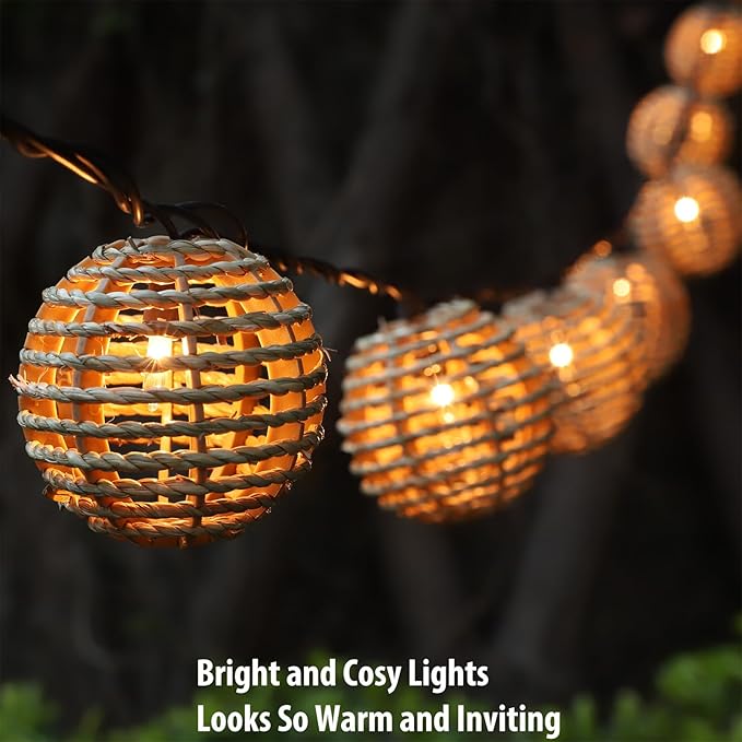 Decorative Outdoor Patio String Lights, Seagrass Rattan Wire Ball Style Lantern - Image 5