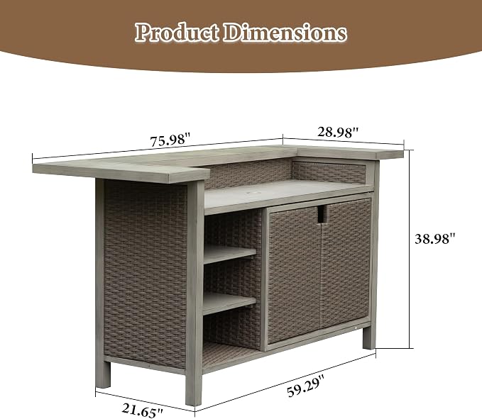 Domi Patio Bar Table, Outdoor Aluminum PE Wicker Bar Cart - Image 3