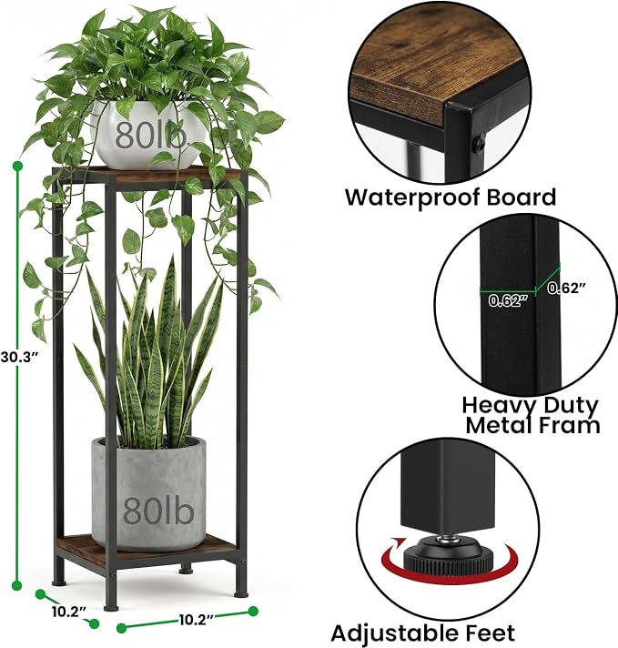 TOSKING 30" Tall Plant Stand, 2-Tier Metal & Wood Plant Shelf, Heavy Duty - Image 3
