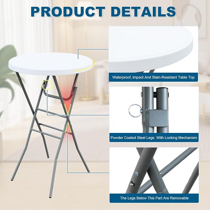 28” Round Folding Bar Table, High Top Cocktail Table - Image 4