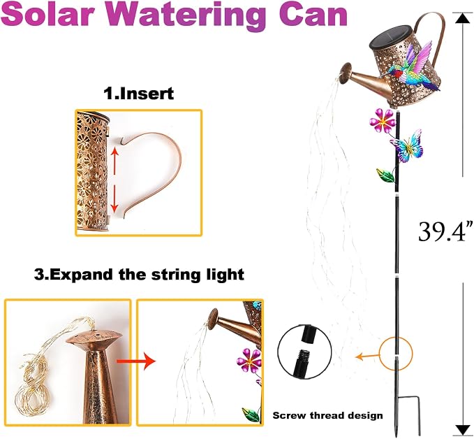 Solar Watering Can with Lights Outdoor Garden, 41in Large Hummingbird Garden - Image 7