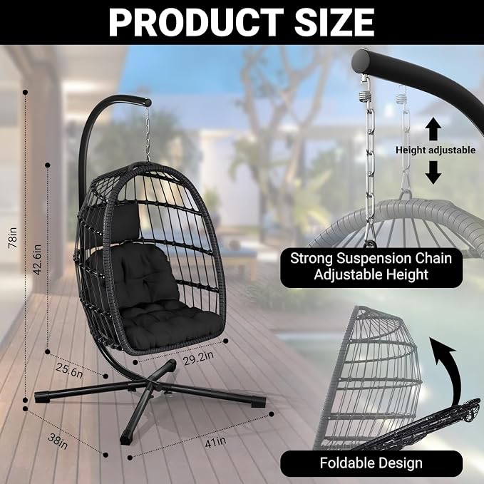 CHABATREE Egg Chair with Stand, Patio Rattan Wicker Hanging Swing Egg Chair - Image 4