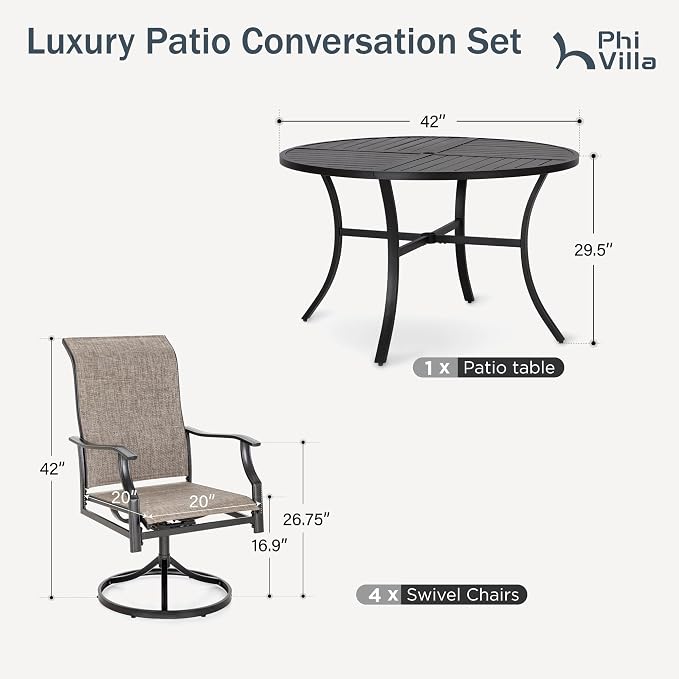PHI VILLA 5 Piece Patio Dining Set, 4 Outdoor Swivel Dining Chairs and Large - Image 8