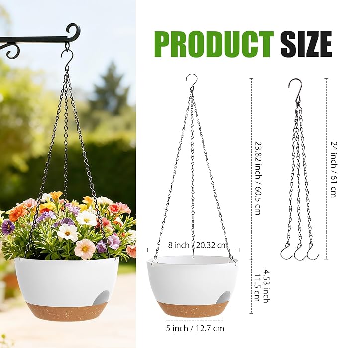 8 Inch Hanging Planters for Indoor Outdoor Plants, 4 Pack White Brown Plastic - Image 4