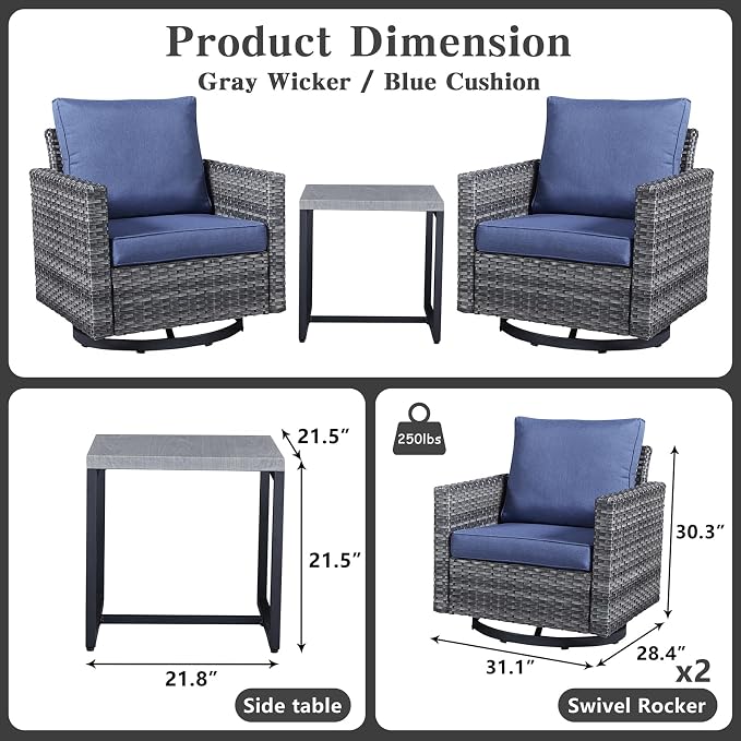 Belord Outdoor Bistro Set 3 Piece Wicker Swivel Rocker Patio Chairs, Oversize - Image 2