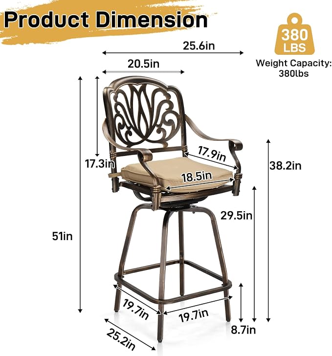 Outvita 2 Piece Outdoor Patio Swivel Bar Stools, All-Weather Cast Aluminum Bar - Image 6