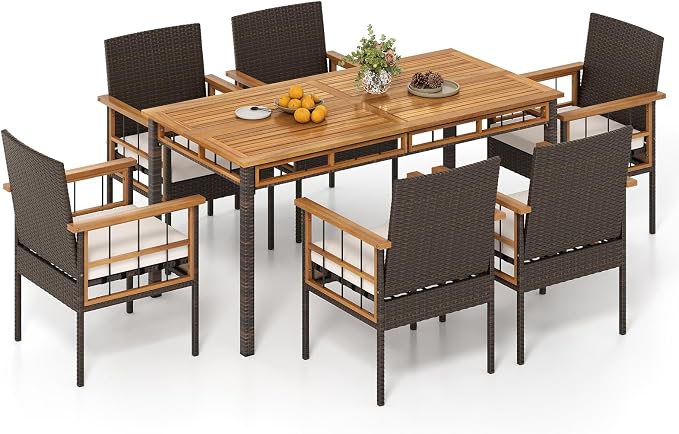 Tangkula 7 Pieces Wicker Patio Dining Set, Outdoor Acacia Wood Rectangular Table by TANGKULA