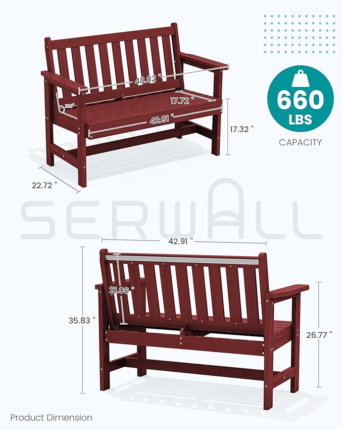 SERWALL Outdoor Bench, HDPE Outdoor Benches Weatherproof, 2-Person Garden Bench - Image 3