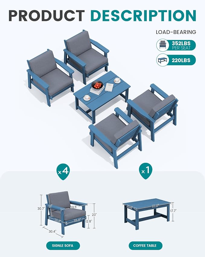 SERWALL Outdoor Patio Furniture Set, 5 Piece HDPE Patio Conversation Sets - Image 2