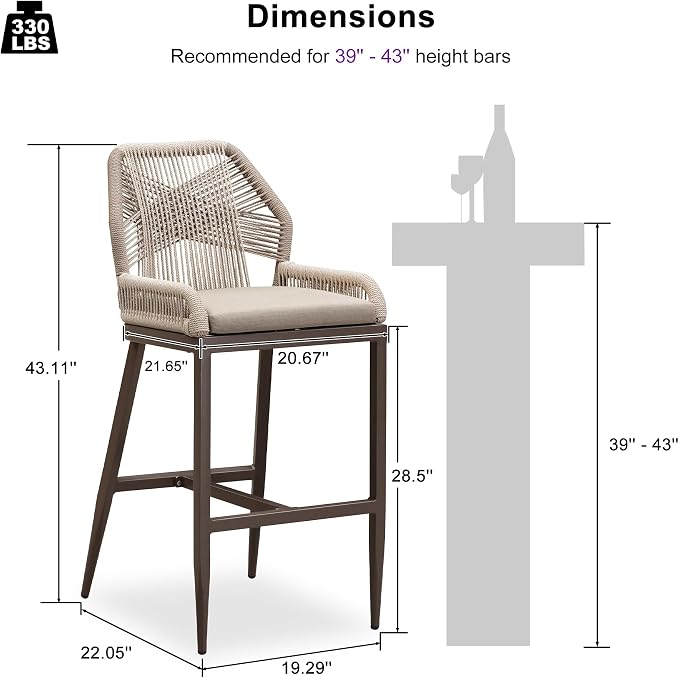 PURPLE LEAF Patio Sunbrella Bar Stools 28" H Set of 2 Handwoven Wicker Bar - Image 2