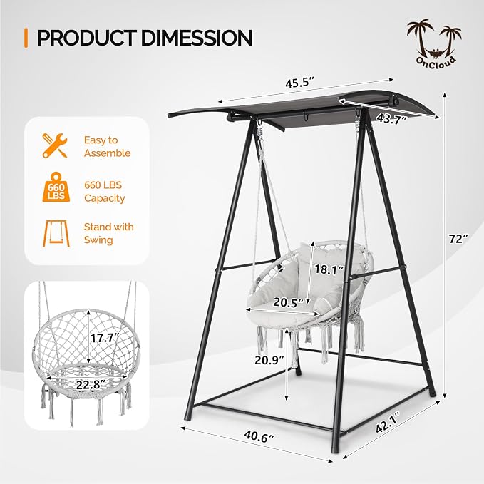 ONCLOUD Hammock Chair with Stand, Comfy Hanging Chair with Cusion, Swing Stand - Image 6