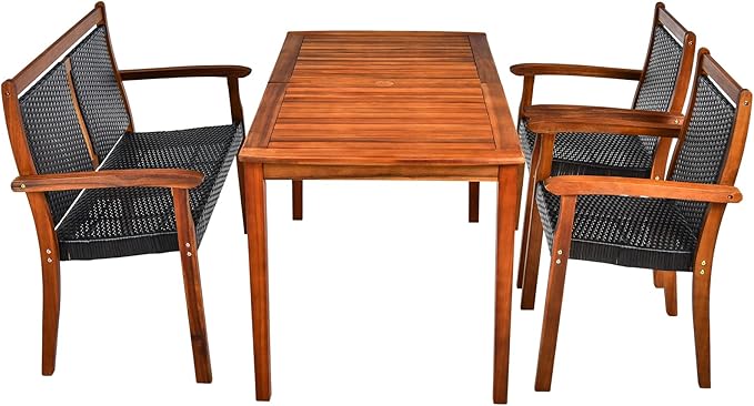 COSTWAY 4 Piece Patio Rattan Dining Furniture Set, Outdoor Acacia Wood Frame - Image 9