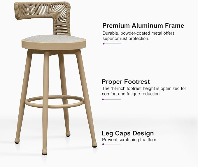 PURPLE LEAF Outdoor Swivel Bar Height Stools Set of 2 Metal Modern Wicker Bar - Image 7