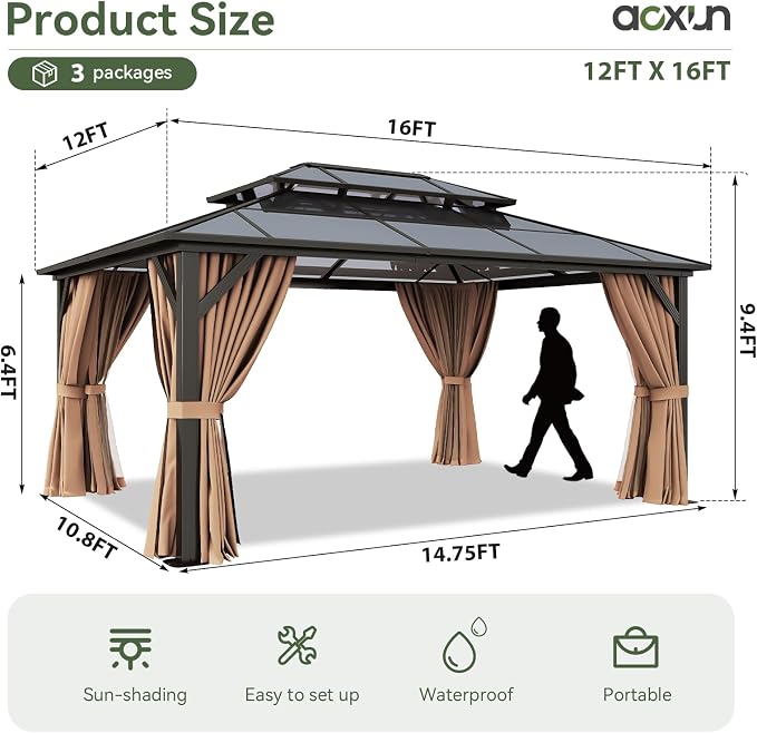 Aoxun 12'x16' Hardtop Gazebo, Outdoor Metal Gazebo - Image 4