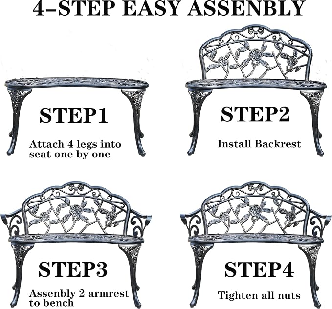 Cast Aluminium Outdoor Bench, Rose Garden Bench - Image 6