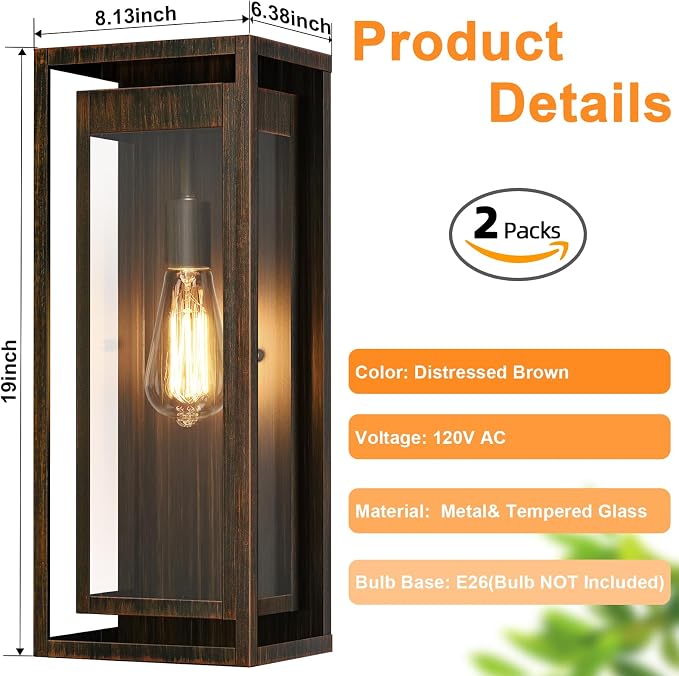 19" Outdoor Wall Lights, 2 Pack Large Size Antique Outdoor Sconce Lights - Image 4