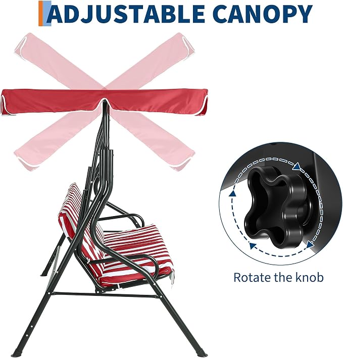 Outdoor Patio Swing Chair with Adjustable Canopy 3-Seat Heavy-Duty Steel Frame - Image 6
