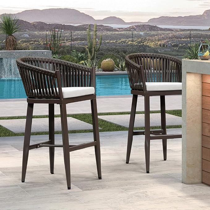 PURPLE LEAF Outdoor Bar Height Stools Set of 2 Patio Metal Modern Wicker Bar by PURPLELEAF