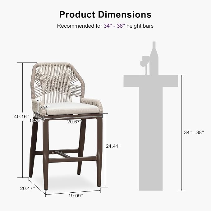 PURPLE LEAF Patio Bar Stool Counter Height Set of 2 Outdoor Rattan Chairs - Image 2