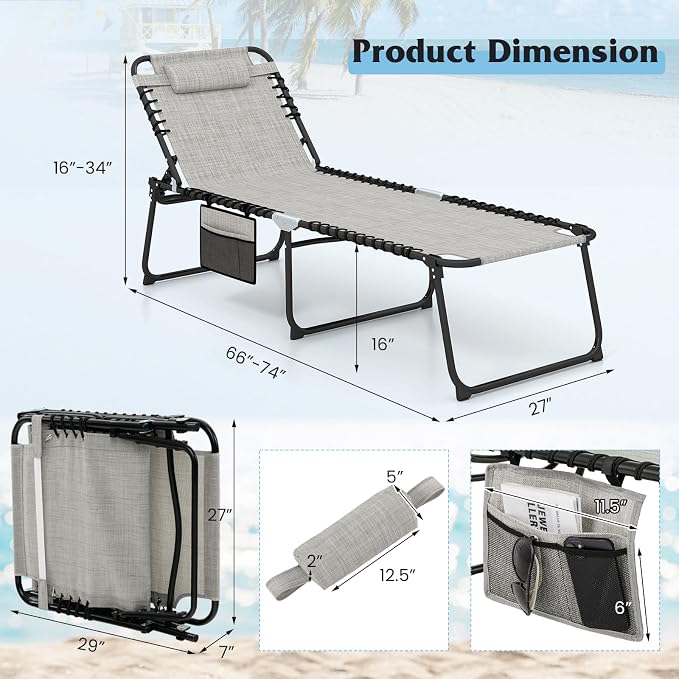 GYMAX Lounge Chair for Outside, 440lbs 27” Oversize Folding Beach Tanning - Image 3