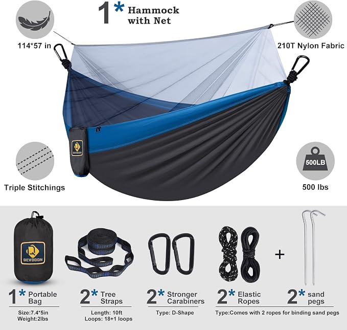 Camping Hammock with Net, Travel Portable Lightweight Hammocks with Tree Straps - Image 6