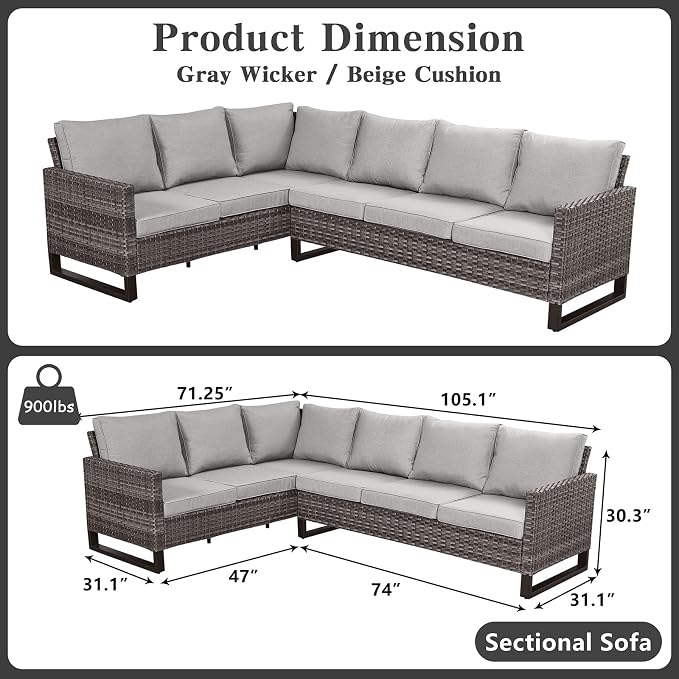 Belord Outdoor Sectional Sofa 6 Seater L Shaped Couch Wicker Patio Conversation - Image 2
