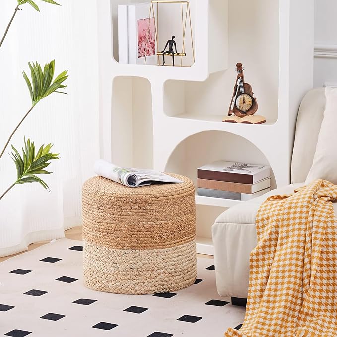 Wimarsbon 18'' Pouf Ottoman, Natural Braided Poof, Round Poufs, Rustic - Image 2