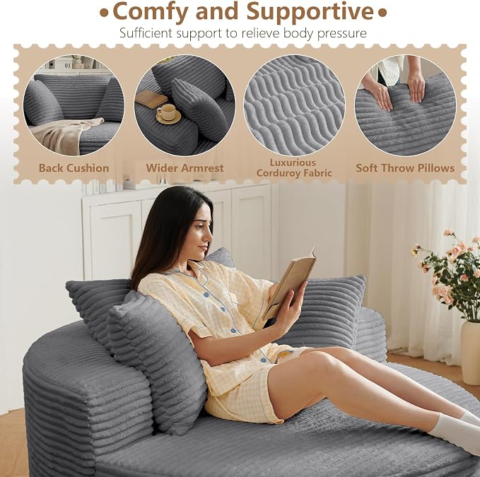 Oversized Round Chair Lounge Chaise Indoor, Upholstered Corduroy Deep Seat - Image 5