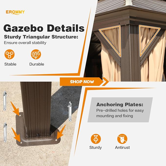 EROMMY 14'x20' Hardtop Gazebo Double Roof Galvanized Steel Canopy Outdoor - Image 4