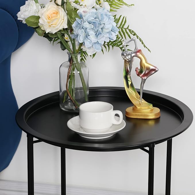 VECELO Side/End Table, Folding Round Metal Anti-Rust and Waterproof Outdoor or - Image 4