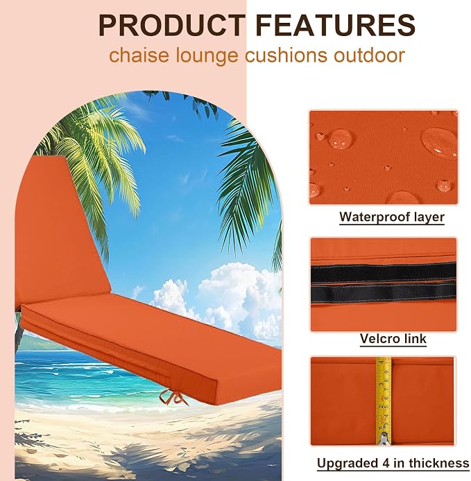 Chaise Lounge Cushions Outdoor Set of 2, Waterproof & Fade Resistant Patio - Image 2