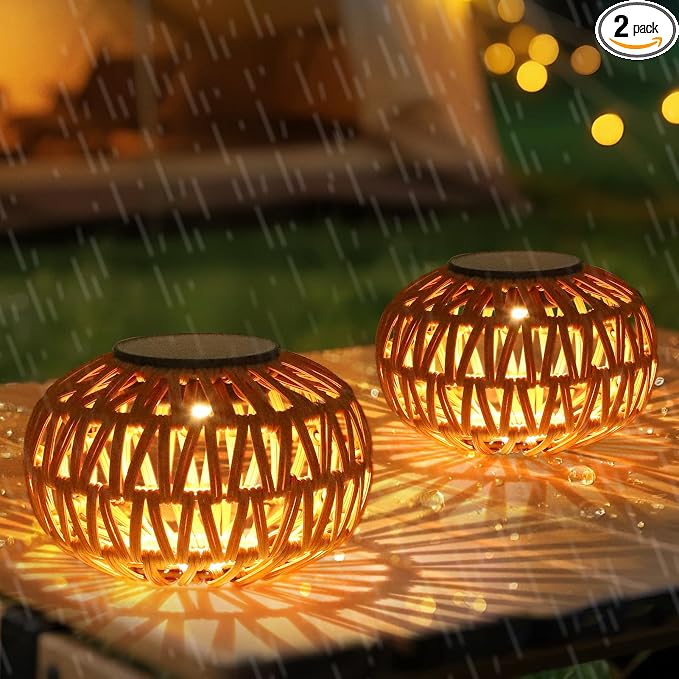 2 Pack Solar Lanterns Outdoor Waterproof, Outdoor Table Lamp Decor, Rattan by ARTMOOY
