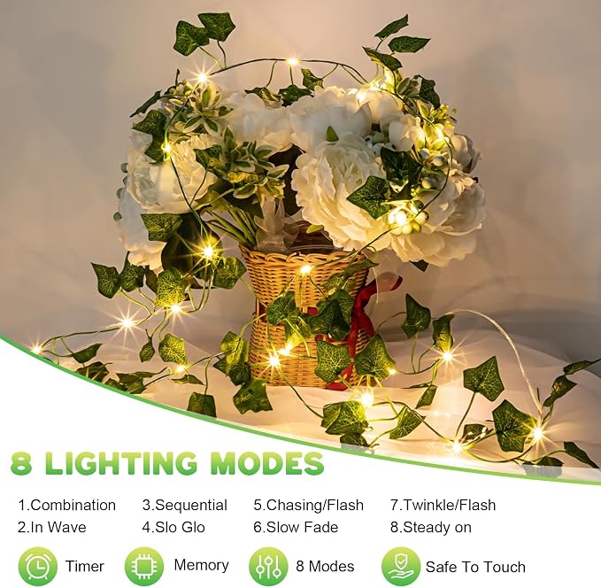 Vine with Fairy Lights Rechargeable, 6.56ft Ivy Leaf with 20 LED, 8 Mode and - Image 2