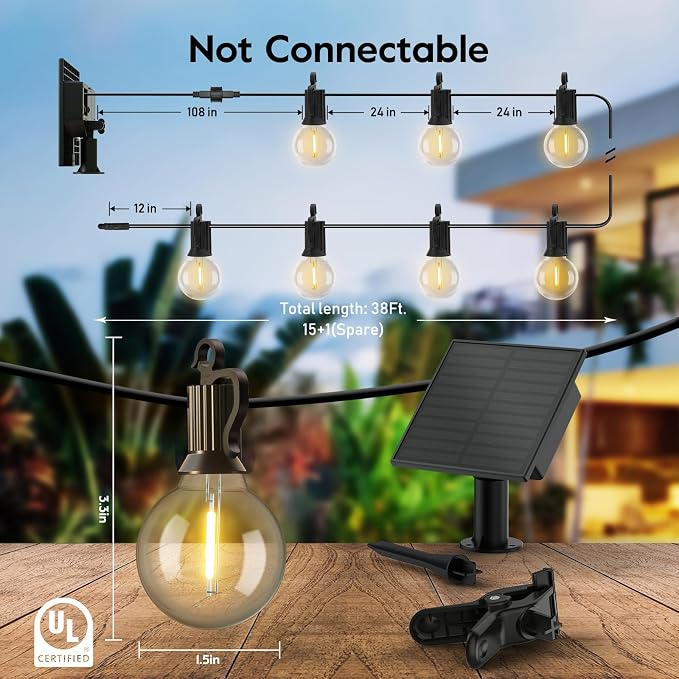 Minetom Solar Outdoor Lights - 38Ft 15 LED Waterproof Solar String Lights - Image 6