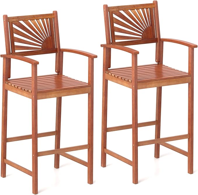 COSTWAY Outdoor Bar Chairs Set of 2, Armrest and Footrest, Patio High Top Chairs - Image 9